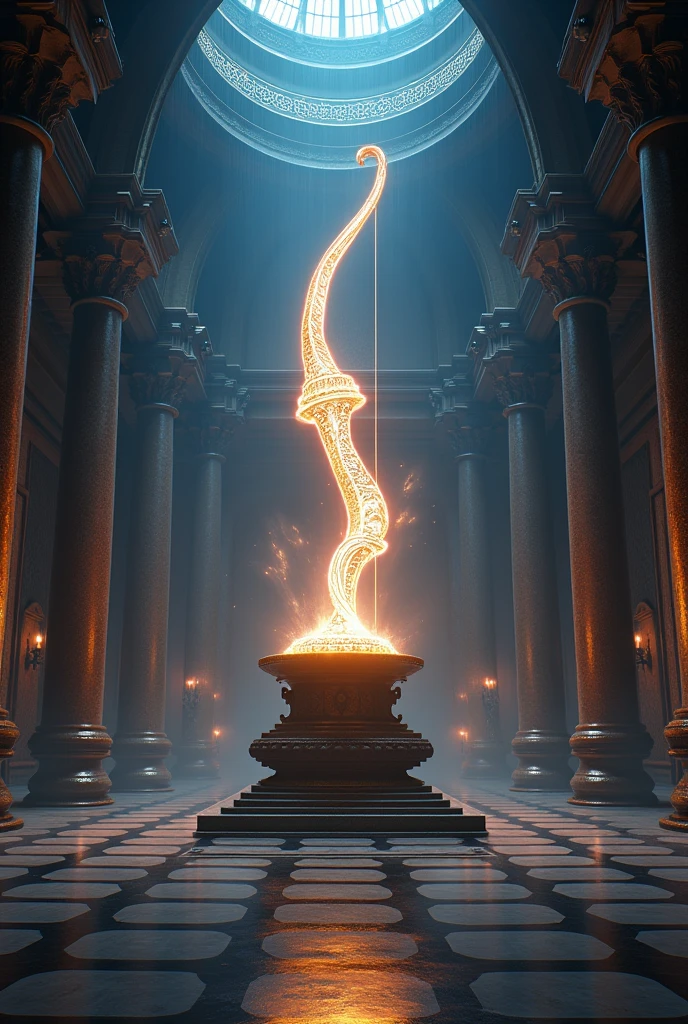 From Ramayan, Shiva’s Bow in the Palace of King Janaka**: A wide shot of the grand palace hall where Shiva's massive, glowing bow is placed on an ornate pedestal. The bow emanates a divine aura, casting a mystical light around the hall. The bow's intricate carvings and ancient symbols are highlighted in the dim light.