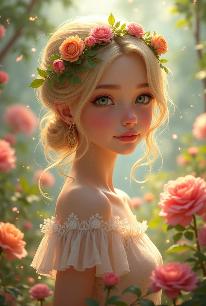 Blonde hair, green eyes, ager, cute, flower, flower crown, lace dress, surrounded by flowers, sparkles on background, high resolution, hair blown by the wind, updo