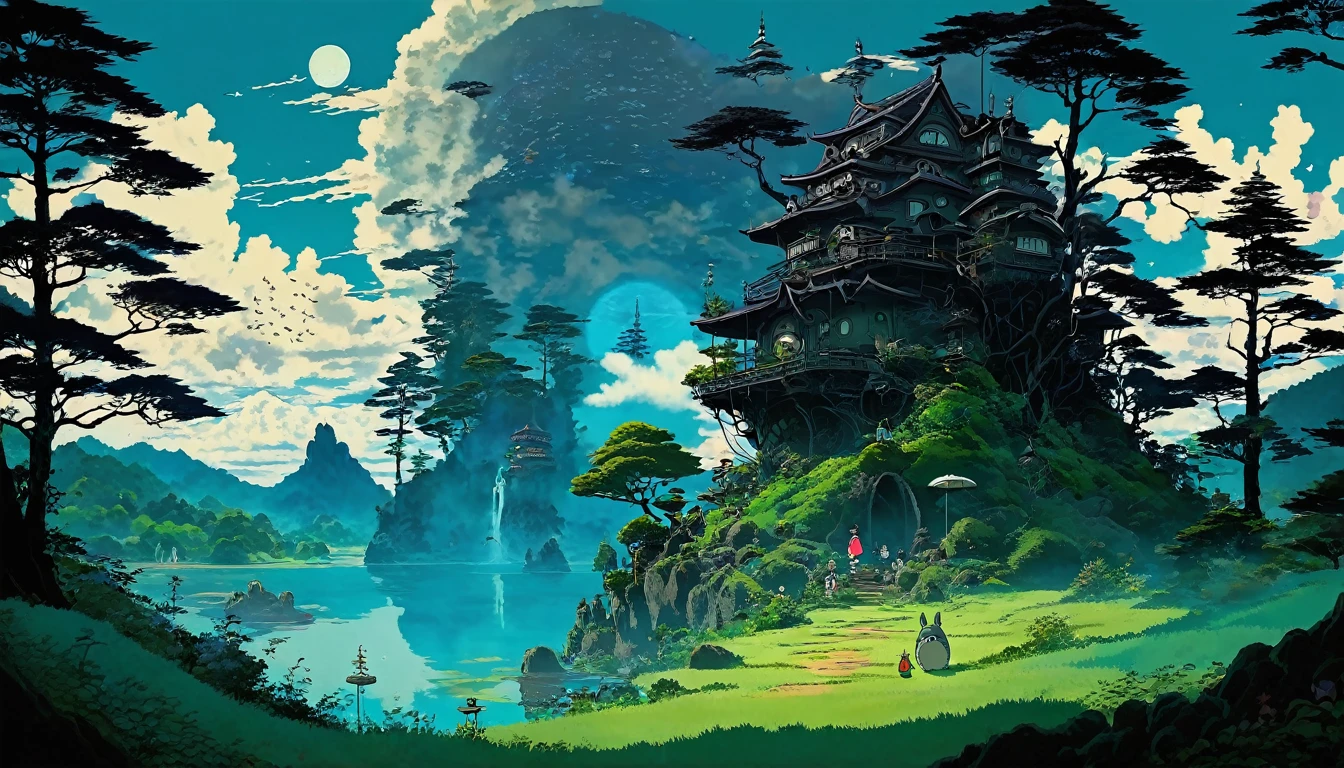 A beautiful yet dark and terrifying Studio Ghibli-esque land、There is a scary death god called Totoro.。