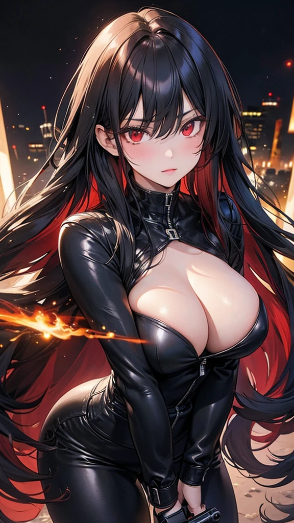 4K resolution,((Highest quality)),Ultra-high resolution,Adult women, alone, sexy, (Stern face), (Red eyes), Beautiful and symmetrical face, (Black irregular long hair), Black coat,Black suit pants,A mercenary woman,Realistic:1.4,Realistic:1.4,night,(masterpiece:1.2),Perfect Eyes,Perfect Eyes,Ample breasts,Beautiful thick legs,Holding a gun,In a dark warehouse,Curvy Body