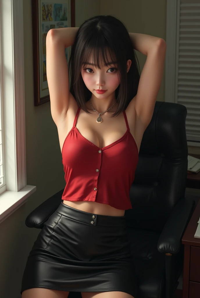 Japanese school girl kissing old principal in his office, wearing sleeveless red silky top and black leather skirt , arms above her head and armpit showing clean,