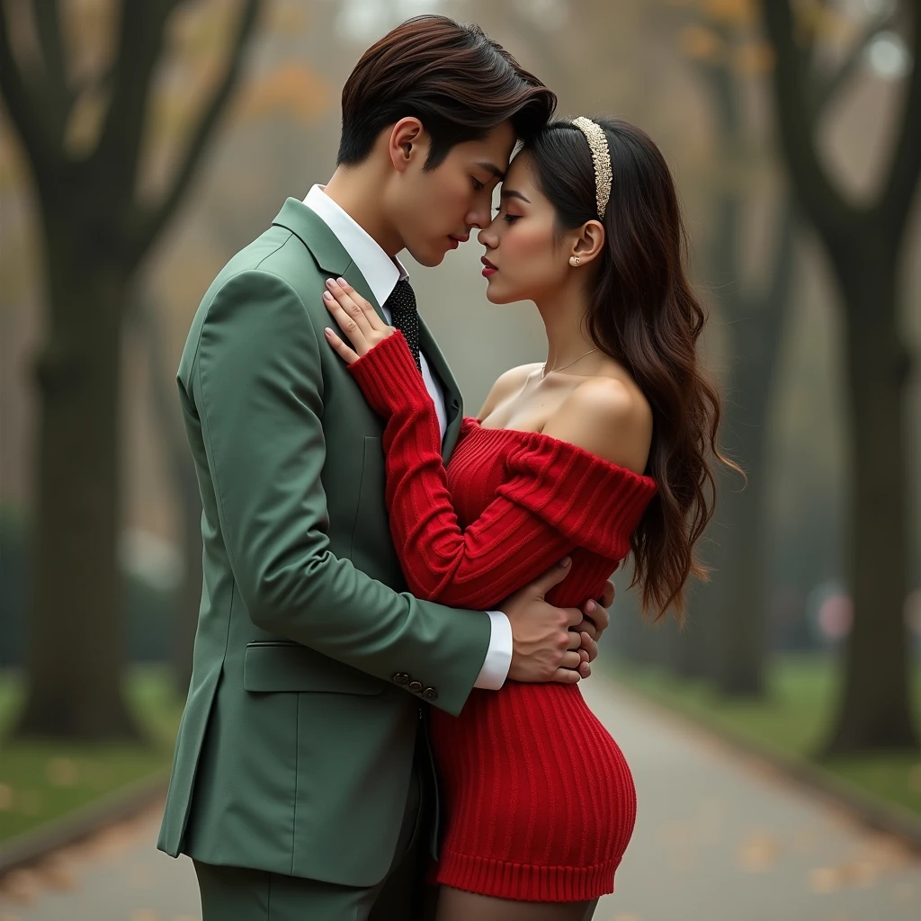 (masterpiece, best quality:1.2), high resolution, intricate details, extremely detailed, realistic and sharp details, (full body), hetero, couple, (1girl, hairband, off shoulder red sweater minidress, pantyhose), (1boy wearing light green business suit), (1boy grabbing her breasts:1.3), detailed face, detailed eyes, pale skin, photo background, outdoors, 