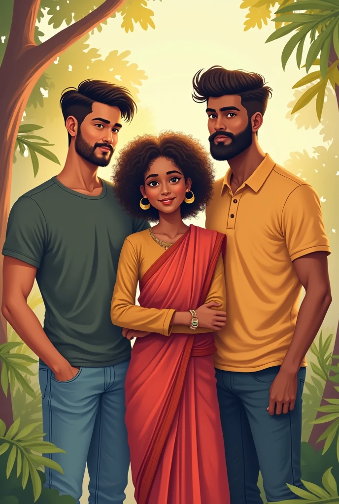 Illustrative Image of Group of three indian friends 2 male and 1 female. first male is fair color, short hair, clean shaved, height of 6 ft.  second male is 26 year old with normal hairs, normal beard, height is 6.1. girl's age is 30 year,  height of 5.6 ft, little brown color, curly hair
