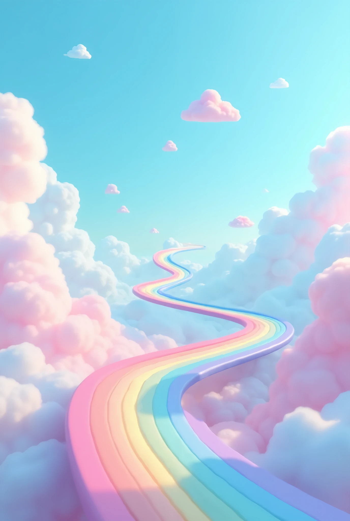 A long rainbow path above the soft pastel-toned blue sky with clouds and sky islands floating in the air, 3D Pixar animation style, Simple and smooth curve expression
