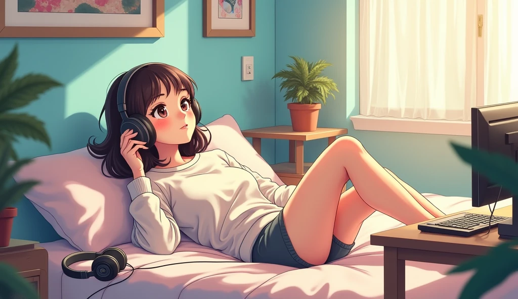 morning、Listen to music in the room、high school girl、Big Breasts、 Sweatshirt、relax、Use headphones, Bright environment、2D-style animation, Lo-Fi、Retro、Anime style illustrations、Line art with clear outlines