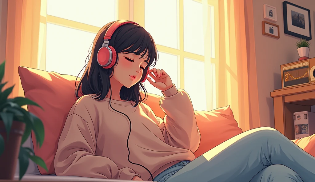 morning、Listen to music in the room、high school girl、Big Breasts、 Sweatshirt、relax、Use headphones, Bright environment、2D-style animation, Lo-Fi、Retro、Anime style illustrations、Line art with clear outlines