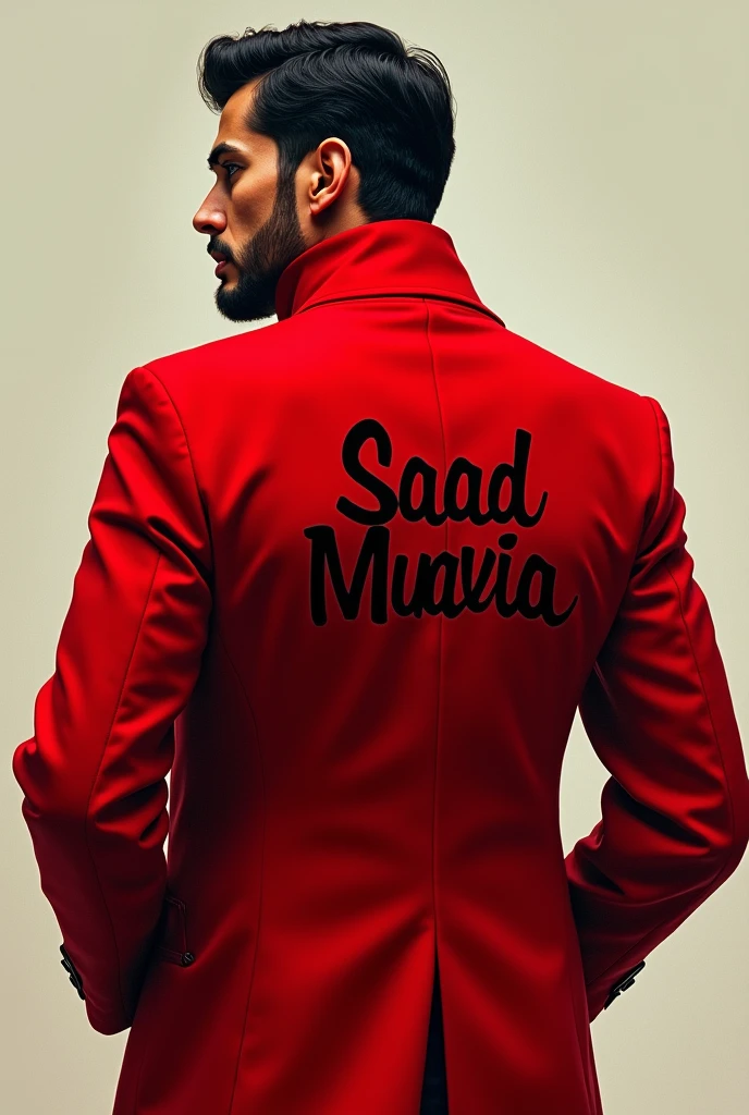 Saad muavia written on the back of a red coat wearing man