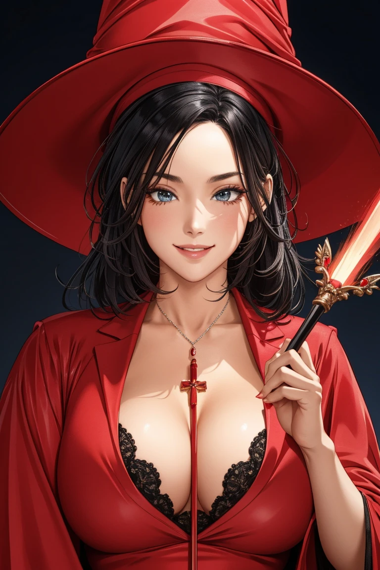 woman、、Portrait of Eleksi Sinclair in red wizard robes wearing a red wizard hat,Holding a magic wand ,Wicked Smile, (masterpiece) (Highest quality) (detailed) (8k) (High resolution) (wallpaper) (Cinema Lighting) (Sharp focus) (Complex)