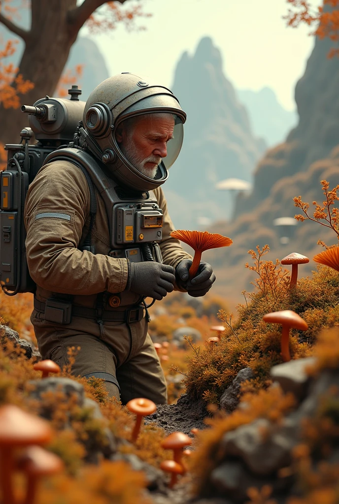 Grandfather in a spacesuit picks mushrooms in a forest on Mars, in the background is a village of Martian inhabitants