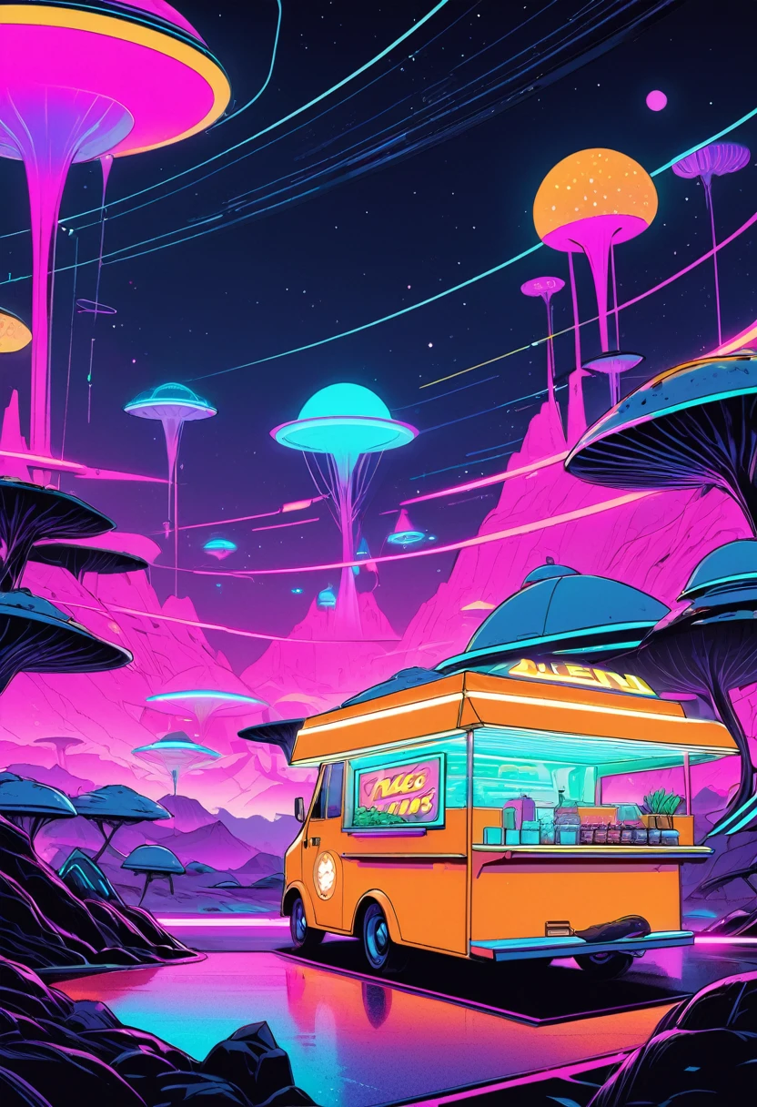 a detailed coloring page design of an alien food truck serving glowing tacos on a distant planet landscape, simple black lines on white, retro vintage vibes, minimalist style, bold colors, neon lights, futuristic architecture, floating islands, alien wildlife, dynamic composition, high contrast