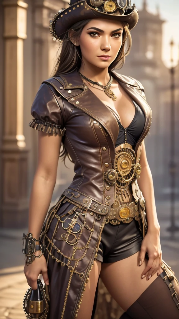 Columbian 13 year old girl, half body view, (front to camera), detailed european face, (aspiring facial expression), (((steampunk style close))), ((steampunk city on the background)), RAW, analog style, ultra detailed photograph, cinematic lighting, artstation, 4k, sharp focus, high resolution, detailed skin, detailed eyes, kneeling,