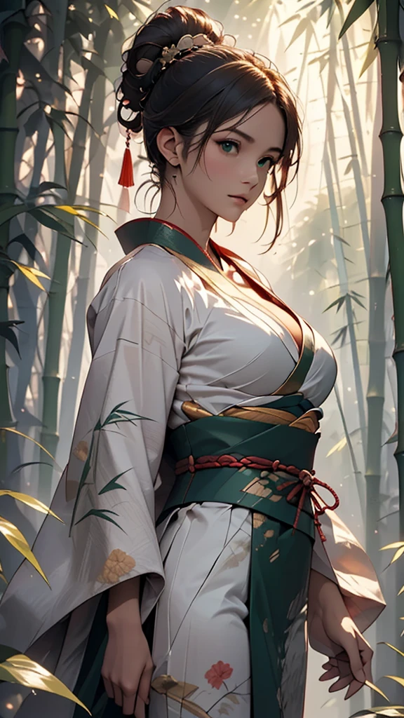 1 Girl, heroine, good looking, Splattered ink, Chinese Armor,( dark green Hair, updo, Floating Hair),closeup ,cool beauty, seductive adult woman,Delicate eyes, (Antique black and green damask patterned Hanfu, sexy cleavage and figure), attractive pause, front view, (F1.8), (masterpiece, best quality, perfect anatomy, absolutely high resolution), (bamboo groove , Fluttering bamboo leaves Background), (Movie Posters), arms