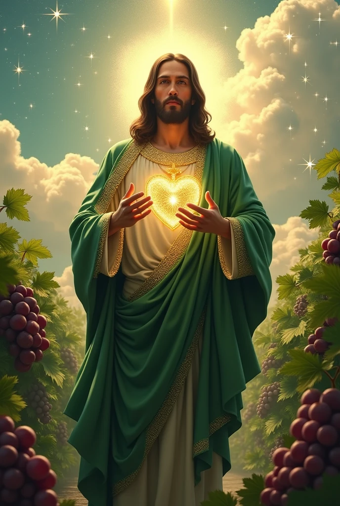 (photorealism:1.2), handsome Jesus Christ, standing straight with many grapes fruits and so many clouds all over, wearing the green color of King elegant clothes with many diamonds and crown sparkling with light, the head and heart lighting all over, focus on face looking at the camera, nice hair, outdoors, bright lighting, so many clouds and grapes fruits in the background,  so many clouds and sparkling stars all over, cozy grapes garden, relaxed pose, realistic, intricate details, bright colors,