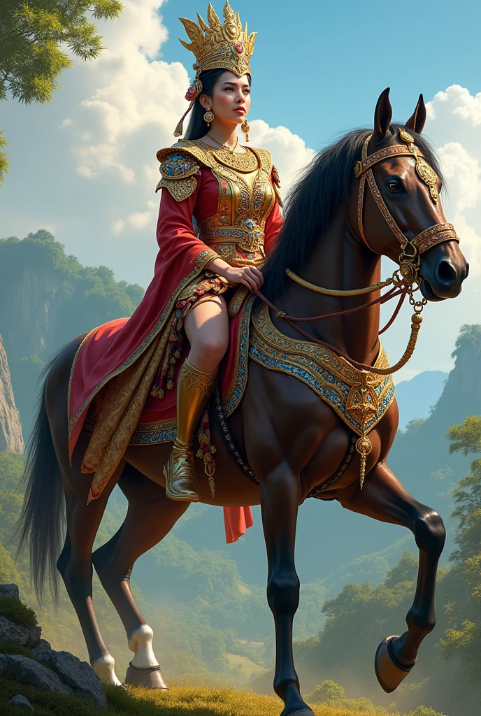 A royal burmese warrior Queen riding royal horse