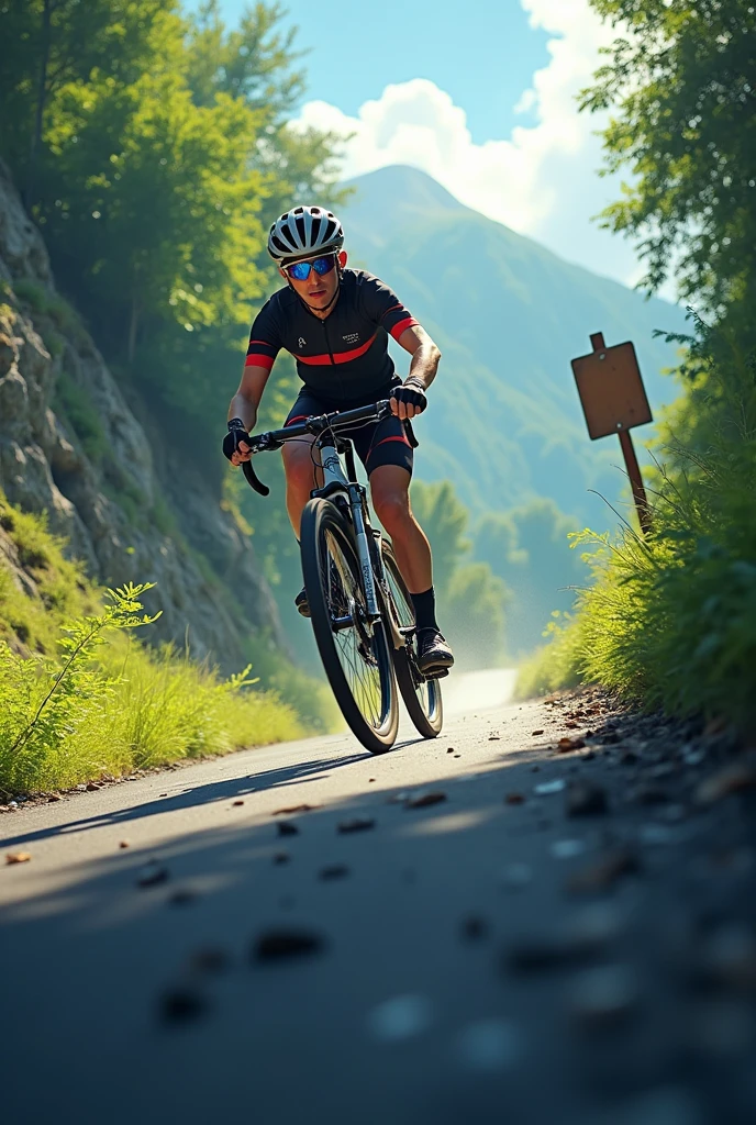 A cyclist riding his mountain bike down an asphalt hill, there is a sign saying (WILL KNOW)