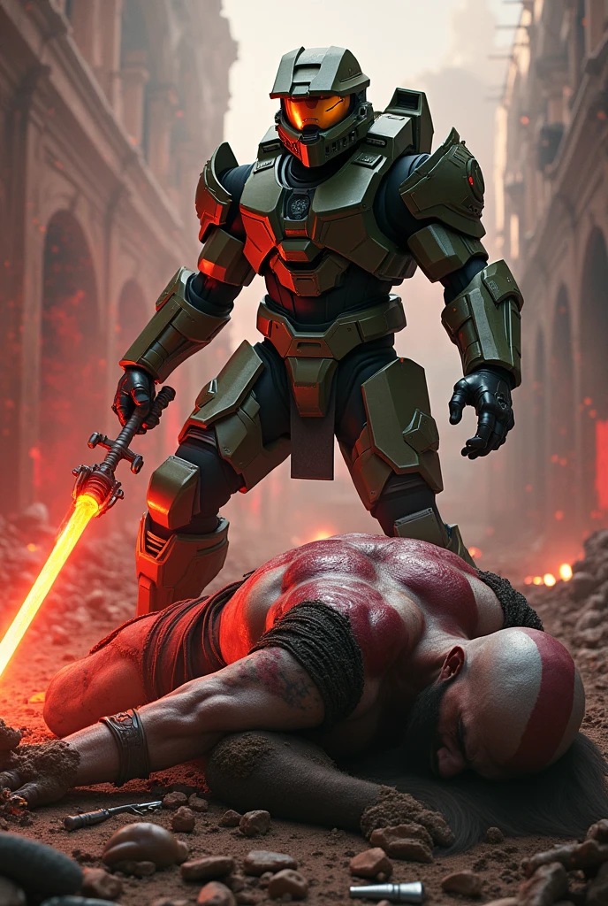 "An epic battle scene where Master Chief, the legendary Spartan from Halo, stands victorious over Kratos, the God of War. Master Chief, in his iconic green armor, looms powerfully above, his weapon drawn and glowing in the dim light of the battlefield. Kratos, known for his fierce strength, is on the ground, struggling to rise, his weapons scattered around him. His expression shows a mix of pain and defiance as he grasps at the earth. The background is a war-torn landscape, with crumbling ruins and a blood-red sky, creating a dramatic and intense atmosphere that highlights the decisive moment of their clash."