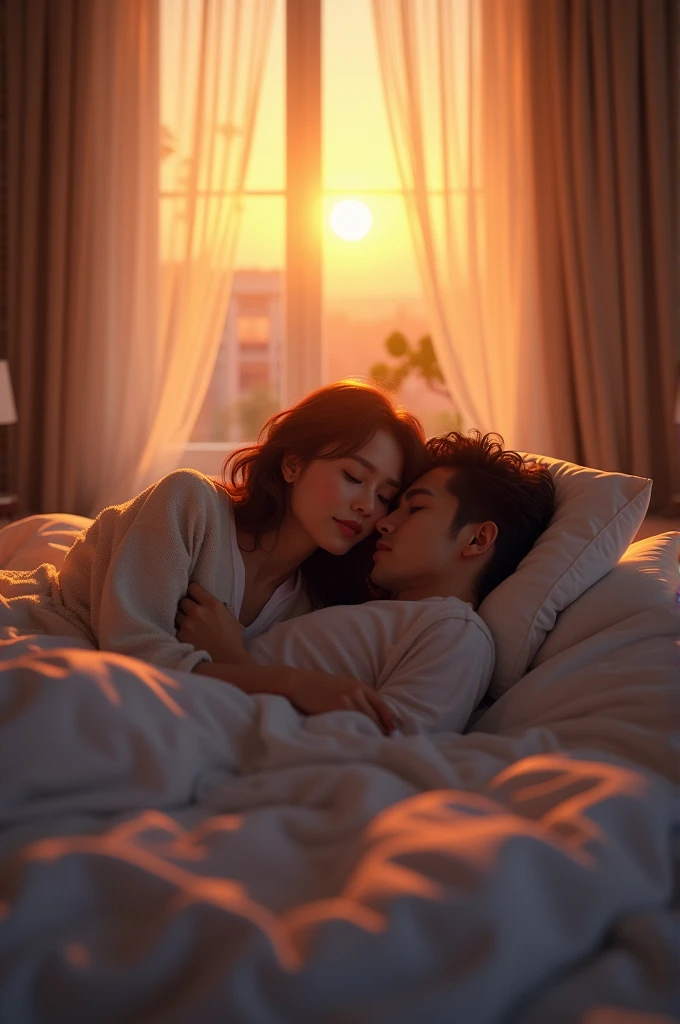 Couples sleep on bed at sunset