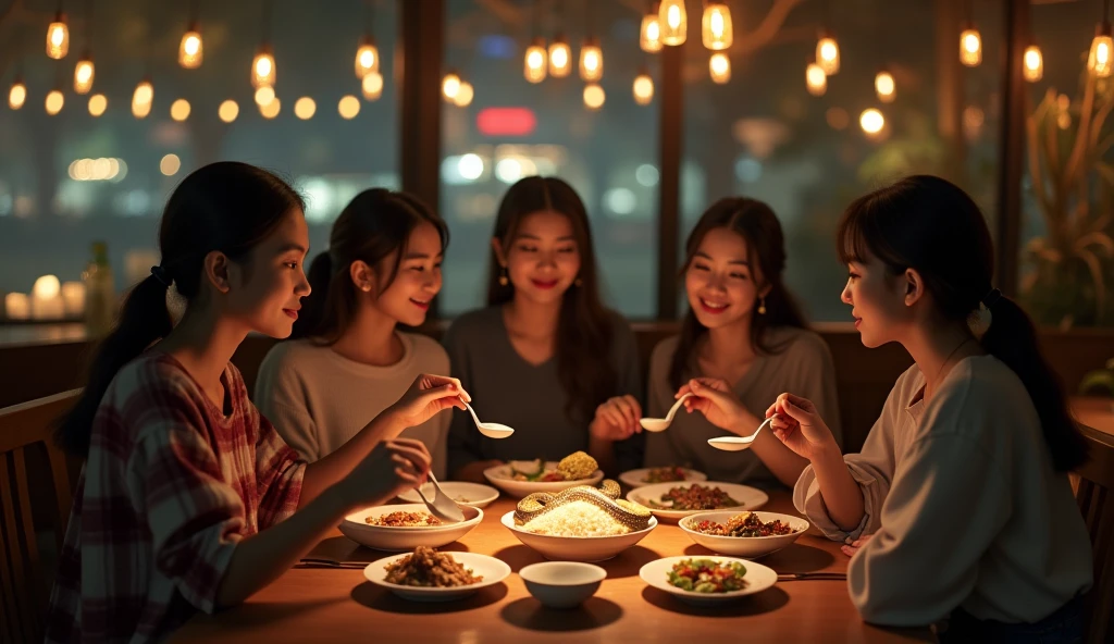 6 beautiful Indonesian women who are a bit fat, loose hair, big nose, wear a flannel shirt, long pants, sit down, and on the table there is a snake in a plate and rice, all hands holding spoons, location in an aesthetic restaurant, beautiful night atmosphere,  many lights, ultra details, minim diffect, realistic, 8k quality image