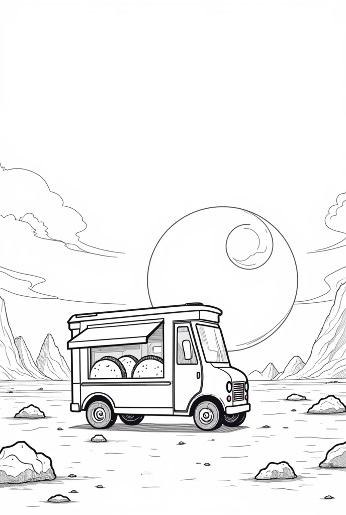 "Detailed coloring page design of an alien food truck serving glowing tacos
on a distant planet landscape, simple black lines on white, r