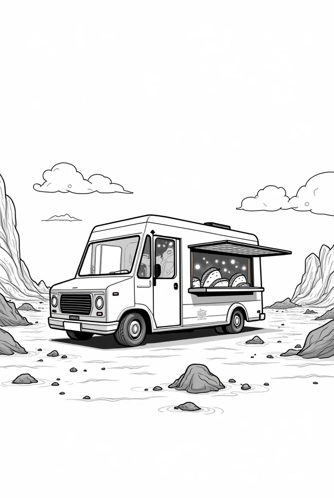 "Detailed coloring page design of an alien food truck serving glowing tacos
on a distant planet landscape, simple black lines on white, r