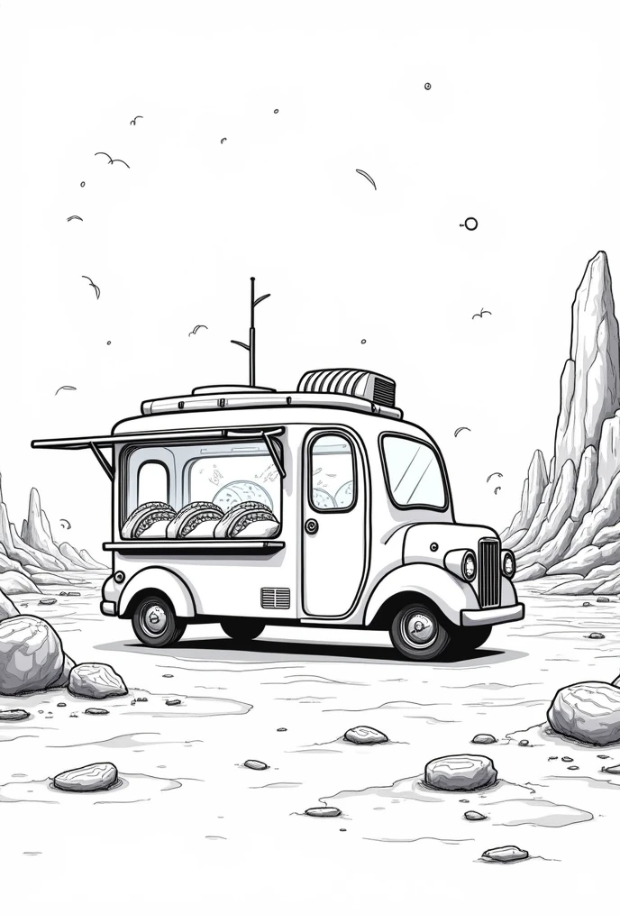 "Detailed coloring page design of an alien food truck serving glowing tacos
on a distant planet landscape, simple black lines on white, r