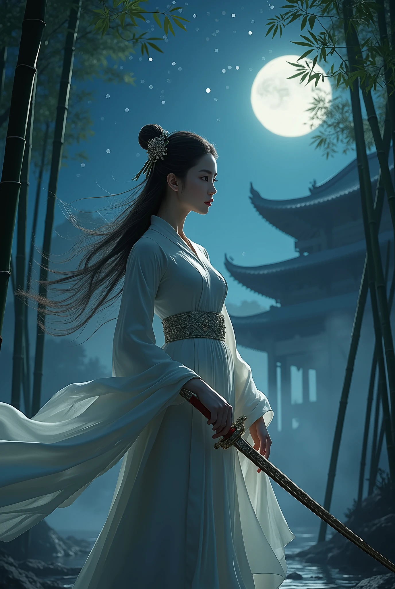Hanfu, 1 Girl, Holding a Chinese Tang sword,Point the blade at it, besides, Aesthetic, Wide-angle lens, Movie Lighting, Ultra wide angle, moonlight, Starry Sky, bamboo forest, Chinese Temple,