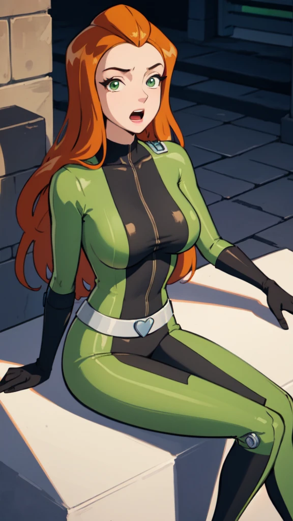 masterpiece, best quality, ultra-detailed, illustration, 1girl, sam \(totally spies\), orange hair, Long Straight hair, green eyes, green bodysuit, Big Breasts belt, open mouth, figure four sitting, alleyway 