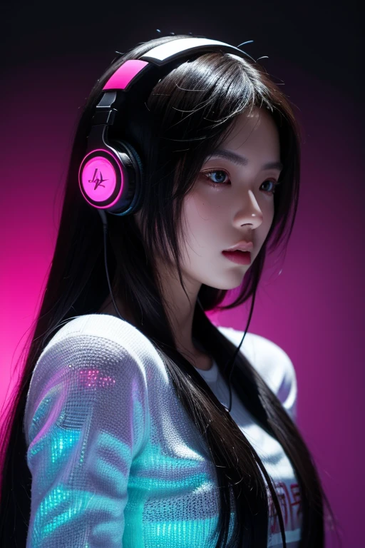masterpiece, best quality, photorealistic, 1girl, solo, long straight hair, deep black hair, looking at viewer, upper body, VR Room Background, minimal background, neon pink lighting, soft shadows, focused expression, detailed skin, smooth features, modern setup, classic portrait style, high clarity, simple background, cinematic lighting, wearing a futuristic gamer outfit with holographic displays and over-ear headphones, tech-savvy and immersive