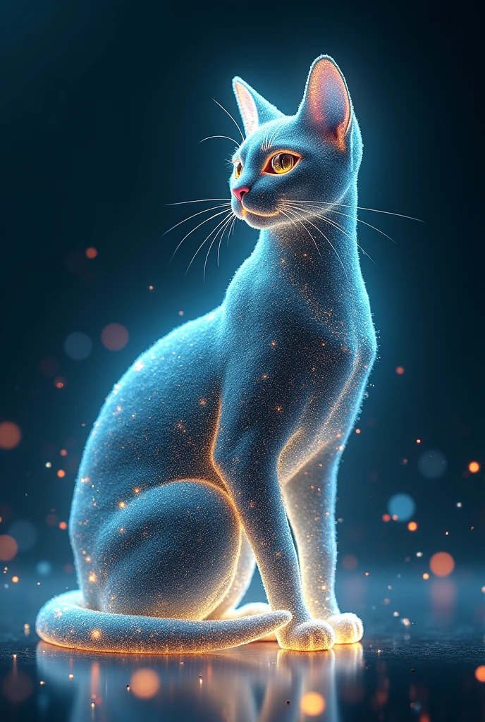 a light blue abstract cat with lights, in the style of kinetic lines and curves, light black and yellow, schlieren photography, dotted, trompe-l'œil illusionistic detail, sparklecore, commercial imagery
