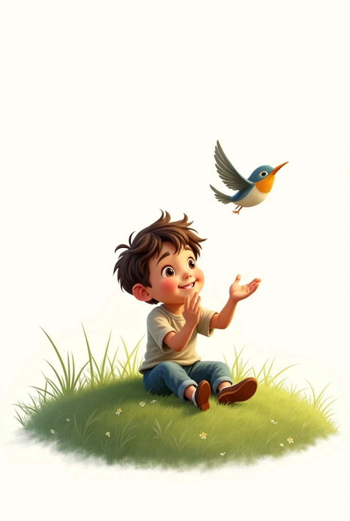 white background,best quality,little smart boy,siting on grass,look at the little bird,raising his hands to the little bird,cute beautiful little bird flying,cute boy smiling
