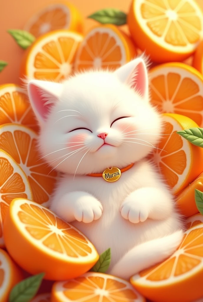 White fluffy cat, in tangerines, with the inscription Murza