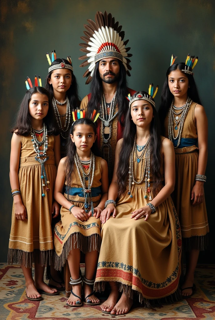 A recreation of the colorized photo of the Romanovs, but with the family portrayed as indigenous. The scene should show a family group posing in a formal setting. Each member of the family must be reimagined in traditional indigenous attire, including headdresses with colorful feathers, beaded necklaces, and clothes with tribal patterns and leather elements. the father, At the center, wears an impressive headdress and sits with a confident posture. the mother, Next to you, wears a traditional dress with beaded and feather details. The daughters, arranged around the parents, wear dresses decorated with indigenous embroidery and beads, while the children wear warrior outfits with leather sashes and feather adornments. The composition of the image should replicate the pose and arrangement of the original Romanov photo., maintaining the serene and dignified expression of each family member. The background should be subtle, evoking a natural setting that complements the indigenous theme, but without distracting from the main focus on the family's details and attire.