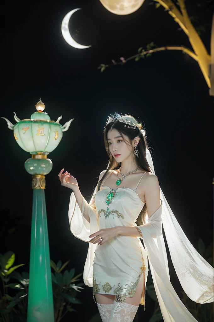(((best quality))),(((ultra detailed))),(((masterpiece))),illustration,((1 beautiful girl,fairy,Chang'e,solo)),(long straight bob:0.8),((earrings,necklace)),((slim,thin)),((small breasts,flat chest)),(magnificent white sheer dress:1.3),(slender legs:1.2),(stockings:1.3),((moon,Mid-Autumn Festival)),(standing:1.3),(on the moon:1.3),(in luxurious crystal palace:1.3),face bright,exquisite patterns,gold and silver threads,charming,hair accessory,silver hairpin,gemstones,brilliance,luxurious decorations,gold and silver jewelry,transparent windows,crystal balls,gemstone towers,bright moonlight,mysterious and beautiful,enjoy,story of Chang'e,fairyland,(night scene:1.3),((from front,upper body)),(a jade rabbit:1.5)