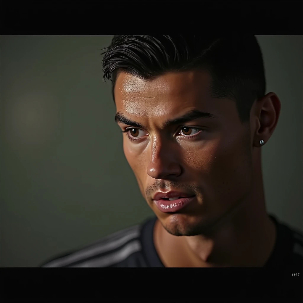 A powerful shot of Ronaldo sharing an emotional story from his life during a YouTube video recording, with close-up details showing his expressive face and the camera focused on him in dall e-3 style 