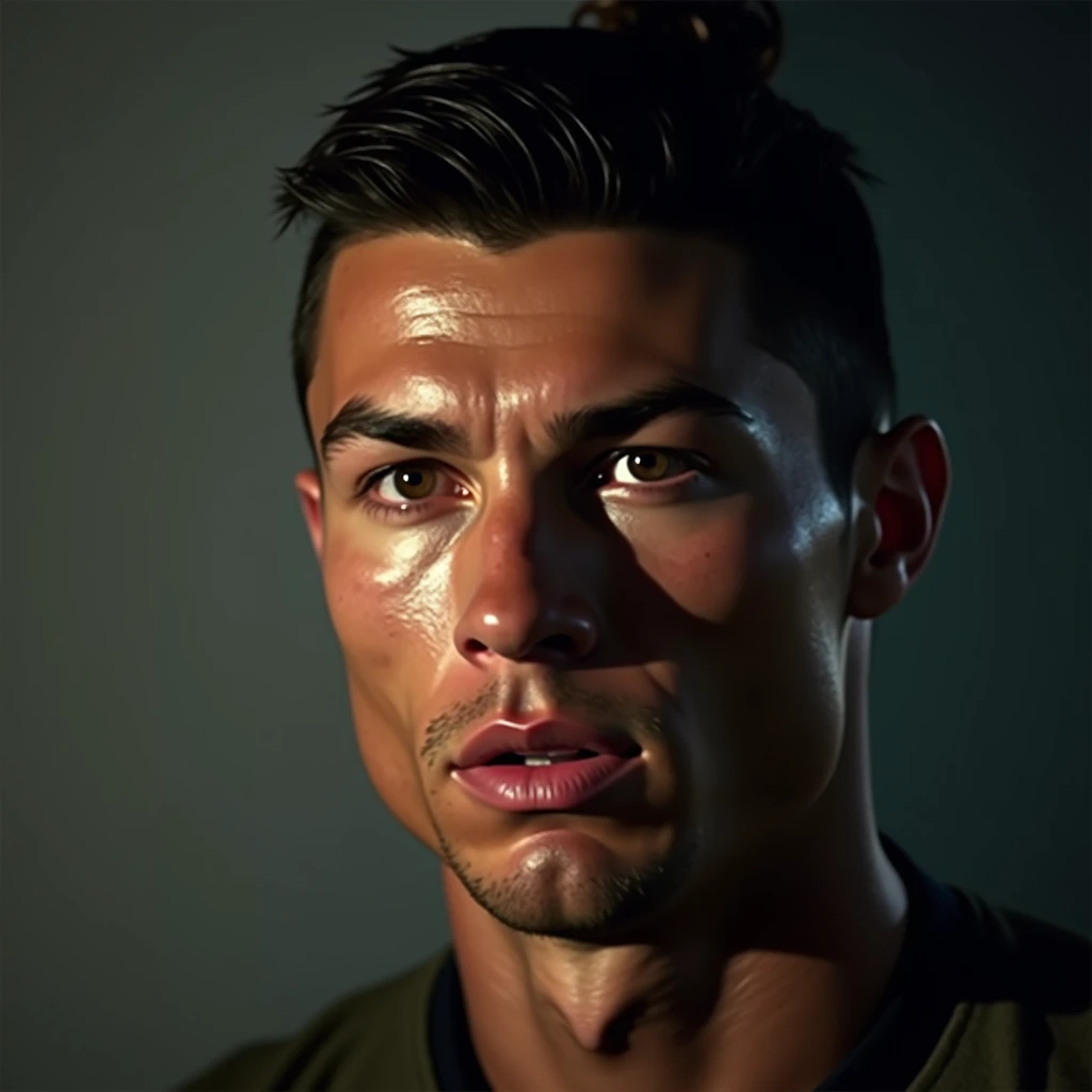 A powerful shot of Ronaldo sharing an emotional story from his life during a YouTube video recording, with close-up details showing his expressive face and the camera focused on him in dall e-3 style 
