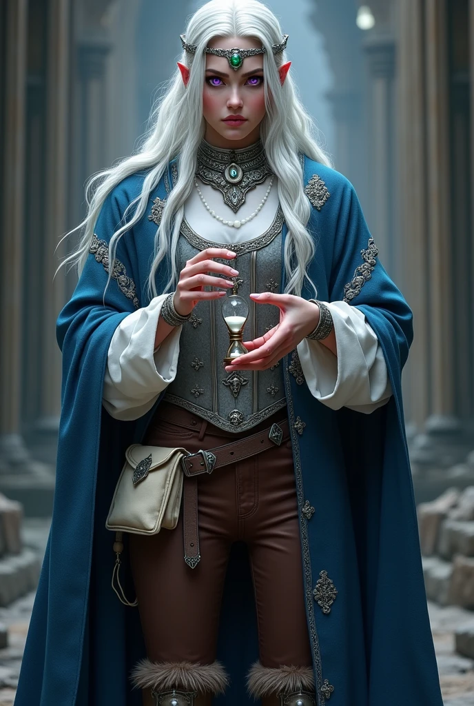 Hourglass Magician, with long, partly braided white hair. purple eyes. Blue cape decorated with silver embroidery. White blouse, silver breastplate and brown trousers as well as fur-trimmed boots. Silver collar with emerald and silver headband with emerald Brown belt with cream colored pouch