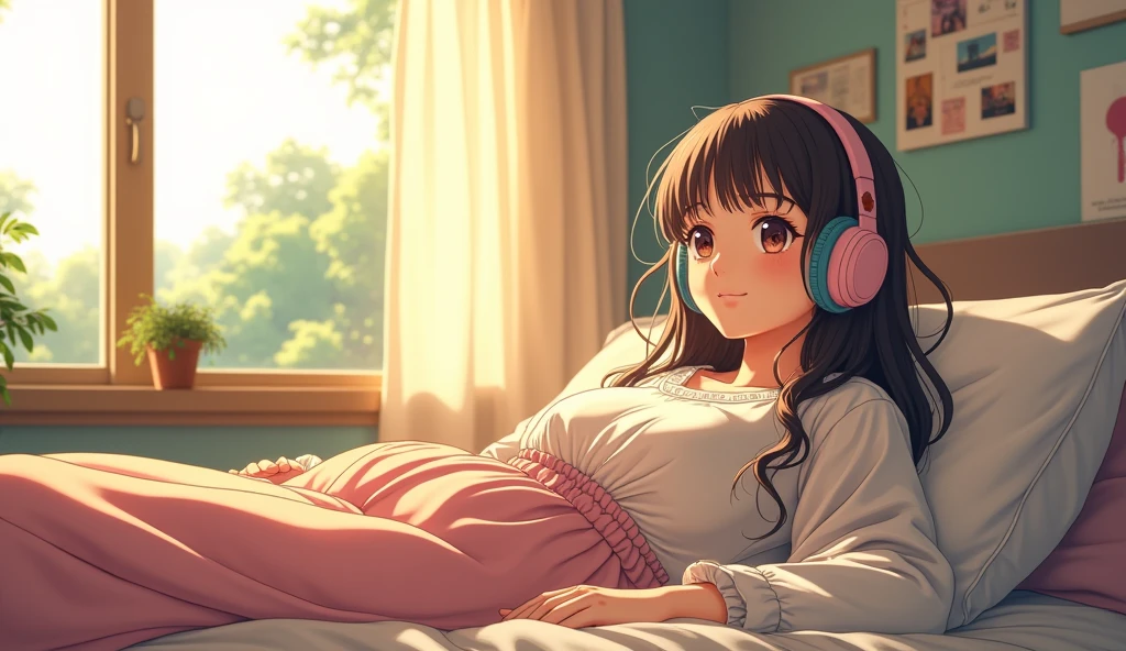 morning、Listen to music in the room、high school girl、Big Breasts、 relax、Showhair、Use headphones, Bright environment、2D-style animation, Lo-Fi、Retro、Anime style illustrations、Line art with clear outlines