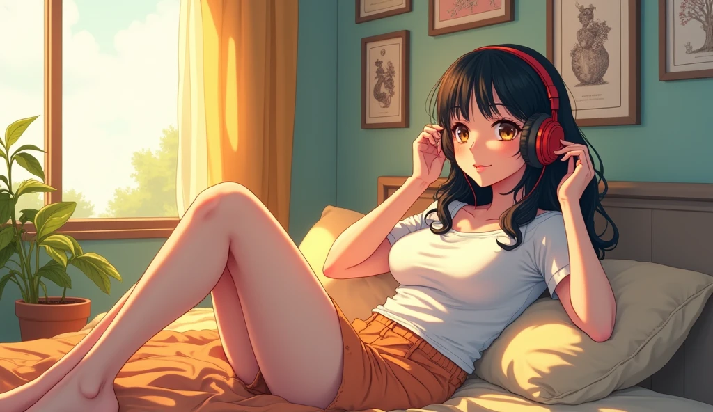 morning、Listen to music in the room、high school girl、Big Breasts、 relax、Showhair、Use headphones, Bright environment、2D-style animation, Lo-Fi、Retro、Anime style illustrations、Line art with clear outlines