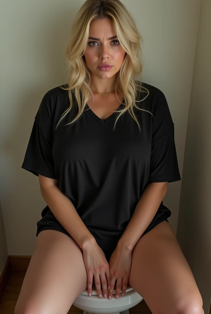 ((( busty milf ,blonde hair,))), ((( beautiful , brown eyes))), ((( siting on toilet for shit))), ((( wearing over size black t-shirt, holding t-shirt navel showing))), ((( panties hanging on legs ))), ((( both hands between legs , embarrassed))) ((( masterpiece 2:1))), ((( looking at viewer)))
