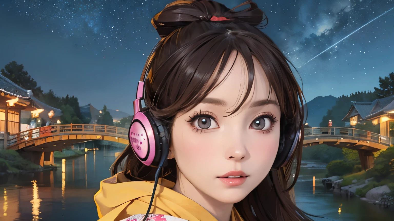 (Highest quality, 8k, masterpiece, High resolution), (whole body), Vibrant colors, ((headphones)), Brown-black bob, Traditional topknot, Ample breasts, (Highly detailed face and eyes, Beautiful Face, Beautiful Eyes, Beautiful nose, Pretty lips), Official Art, Ukiyo-e style, (Beautiful woman in kimono), (Vivid floral patterned kimono), background, river, bridge, Mountain, wood, Starry Sky, moon, Detailed CG,