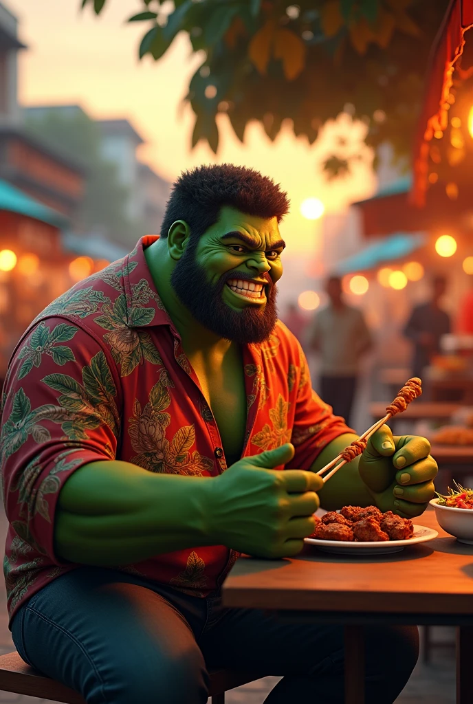 Nice and friendly Bearded Dr. Hulk wears batik, he orders lamb satay at Indonesian street food market place at late afternoon with beautiful sunset