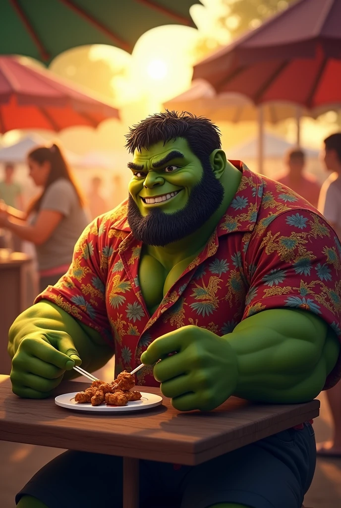 Nice and friendly Bearded Dr. Hulk wears batik, he orders lamb satay at Indonesian street food market place at late afternoon with beautiful sunset