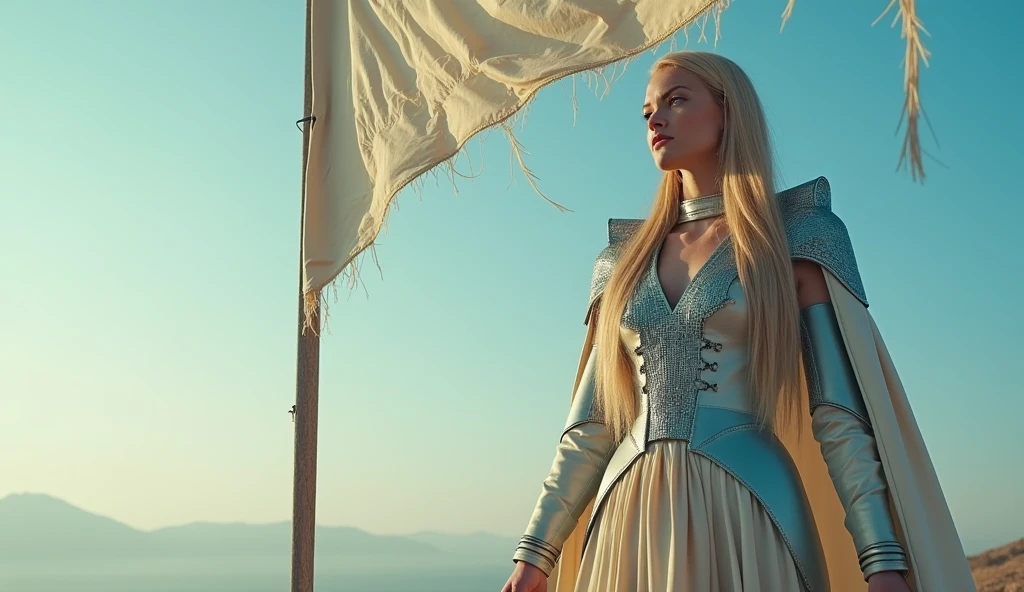 A woman stands looking out at the horizon. She holds a large flag with pride. The tension is intense, the queen is a woman 30 years old, very long straight hair, very blond hair, slim, blue eyes, wearing a cream and blue color futurist long royal dress with a printed circuit board cape, intense gazing eyes, ultra-resolution, intricately detailed, low angle, 8k by Helmut Newton