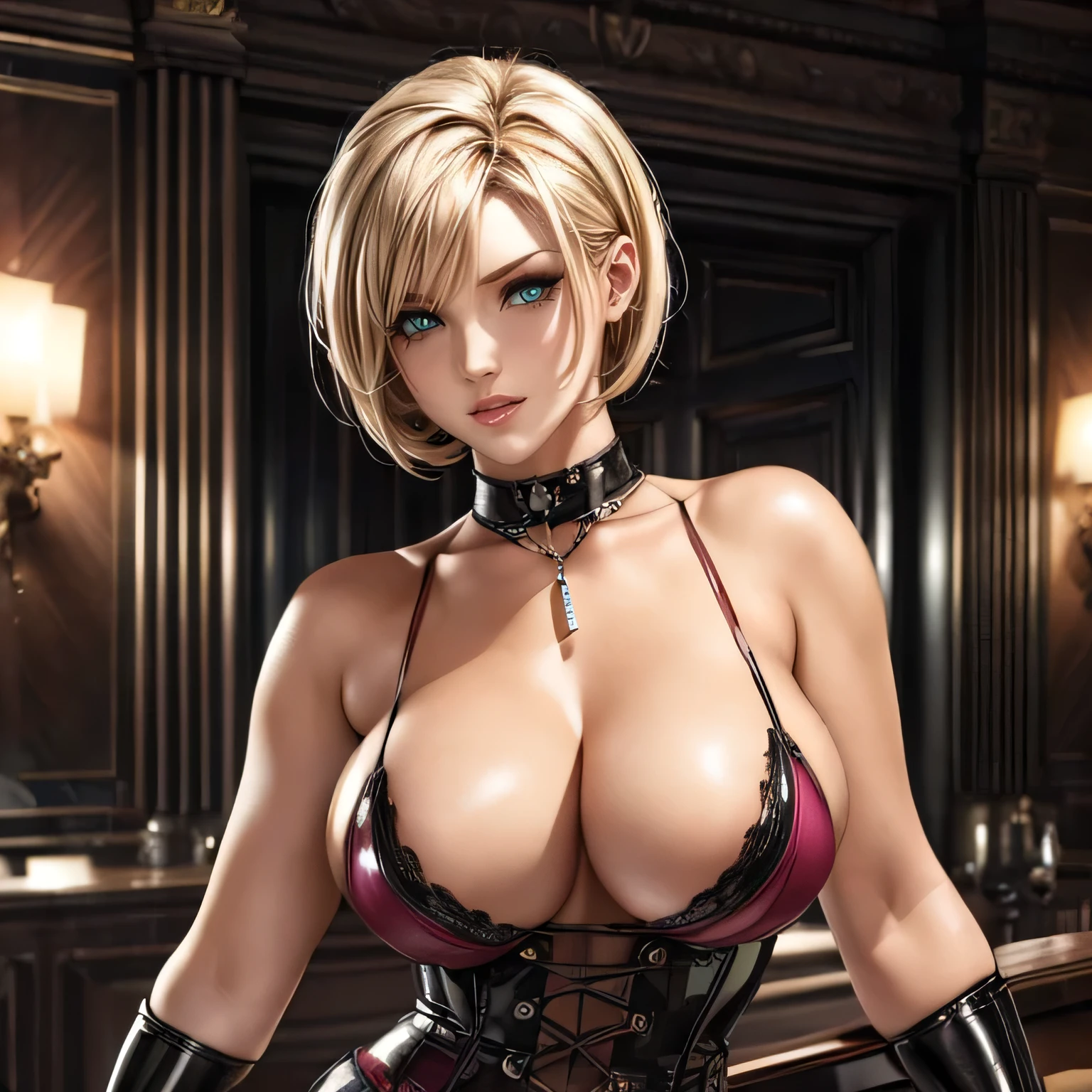 (A wonderful masterpiece), (Maximize the best quality: 1.5), (Get the most out of your most beautiful digital illustrations: 1.5), ((Most realistic: 1.5)), ((Smooth, soft, Crisp, realistic skin and hair textures)), The most beautiful detailed eyes:1.5, ((Maximum resolution, Ultra-high resolution:1.5, 16K, 1080P, 10 million ppi, 300 million dpi images)), (Amazing Dynamics:1.5), Beautiful background with depth of field, The most beautiful natural light, Three-part method, ((Maximize every effect、Expressed with the highest quality)), 1 Female, y, Agewhole body, Beautiful Face、sharp, Elegant woman, The ultimate perfect body style, Beautiful small breasts,-facing chest, Green Eyes, Shiny blonde hair, short hair, Bobcut, (Eyes visible through hair:1.3), Very thick glossy lips, Pink lipstick, sexy smile, Wilaid Costume, Dynamic pose, Short leather skirt with lace trim, Corset with metal studs, Buckled long boots, Fingerless gloves, Wild hairstyles, Luxury mansion reception room background,