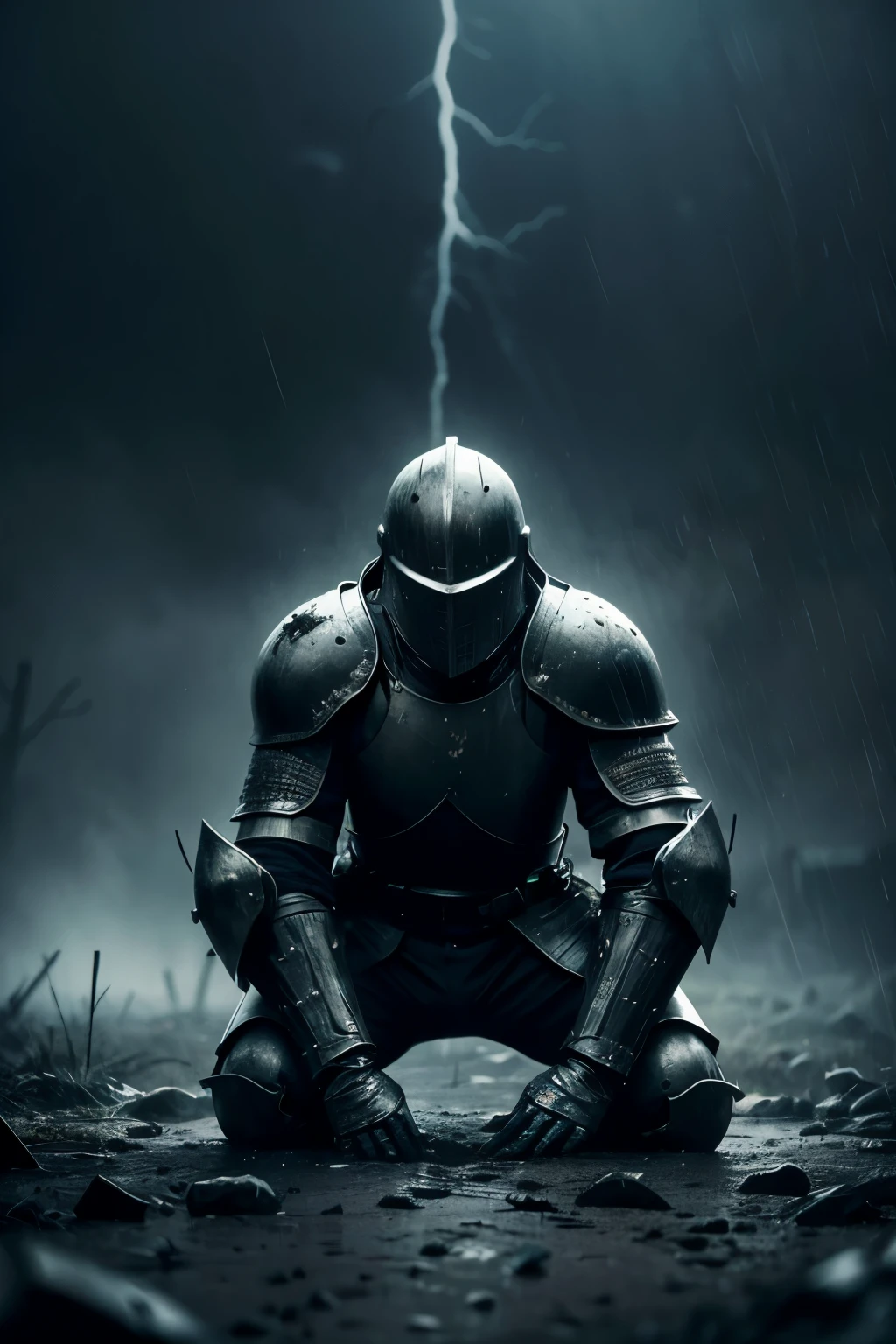 A lone knight, clad in heavy, blackened steel armor, kneels solemnly on the blood-stained ground amidst a torrential downpour. His helmeted head is lowered in defeat, and his sword is thrust into the earth beside him. The battlefield is littered with the remnants of war, and the knight is surrounded by shadows of the fallen. The rain creates a misty, melancholic atmosphere, with distant flashes of lightning illuminating the scene.