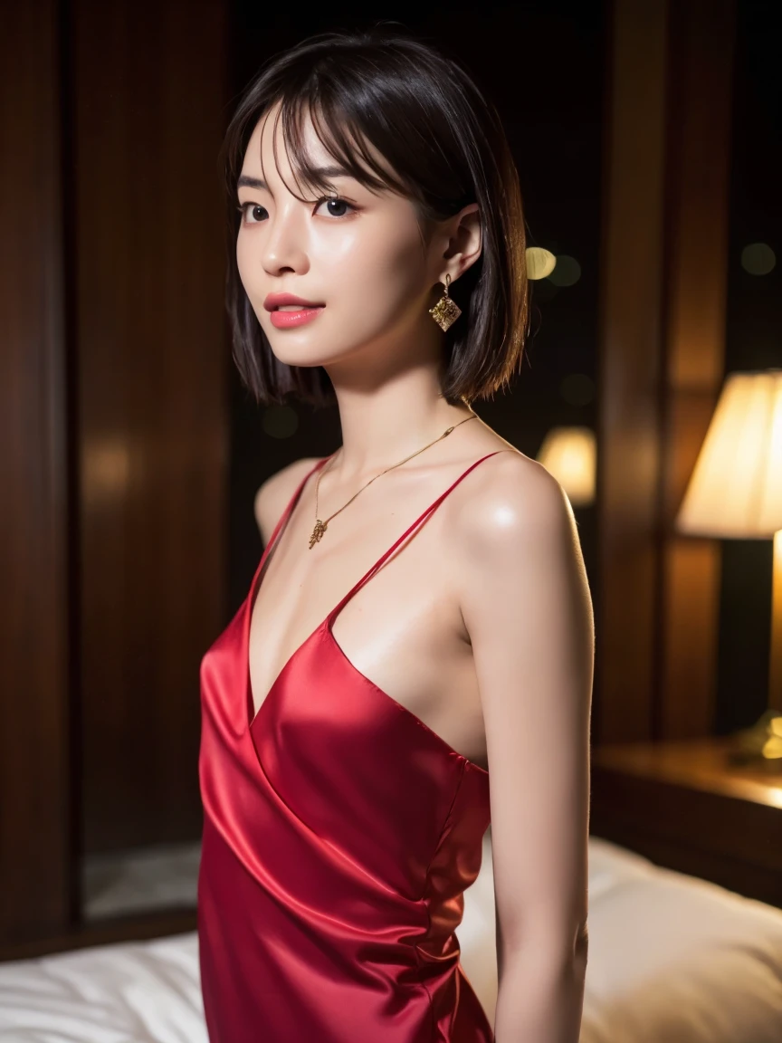 (masterpiece:1.2), Very detailed, Ultra-high resolution, (Realistic, photo Realistic:1.6), High-resolution RAW color photos, Professional photos, Sharp focus:1.2, (Very detailed顔と肌の質感, Very beautiful eyes, Glossのある肌, Glowing Skin, Glowing Skin, Shining Face, Gloss, Oily skin, greasy face, Oily skin, greasy face,), (real Glossのある肌 texture), Perfect Anatomy, Very detailed背景,(Luxury resort at night),1 female,short hair, Straight hair, bangs, Brown Hair,((Flat Chest:1.6)), (((Gorgeous and sexy, luxurious silk red dress)))、 (((Take off、Upper body naked:1.2))),((Wet))、Luxury earrings、Luxury Necklace、Smiling faintly、After sex