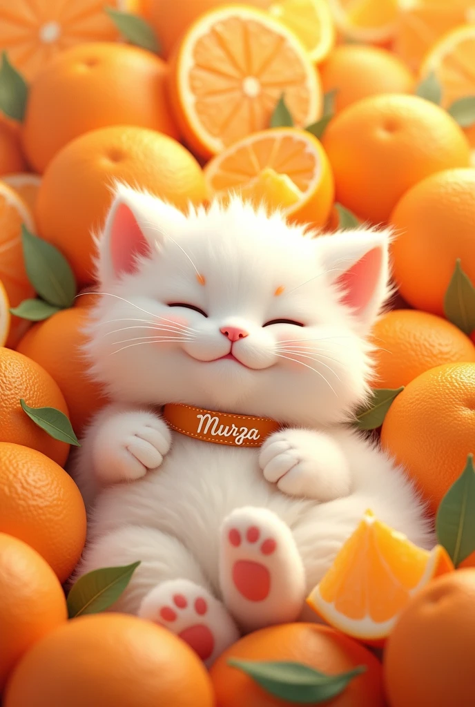 White fluffy cat, in tangerines, with the inscription Murza