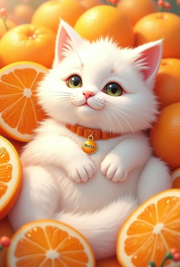 White fluffy cat, in tangerines, with the inscription Murza