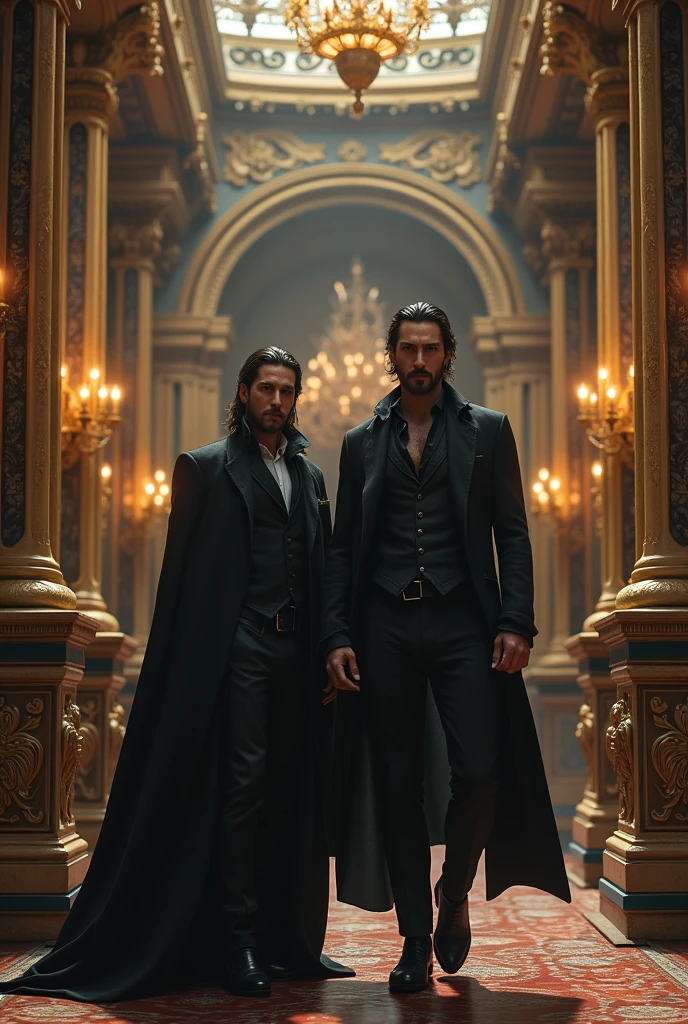 very photorealistic scene of the fictional character lucifer morningstar accompanied by the fictional character constantine in the manner of keanu in a baroque interior