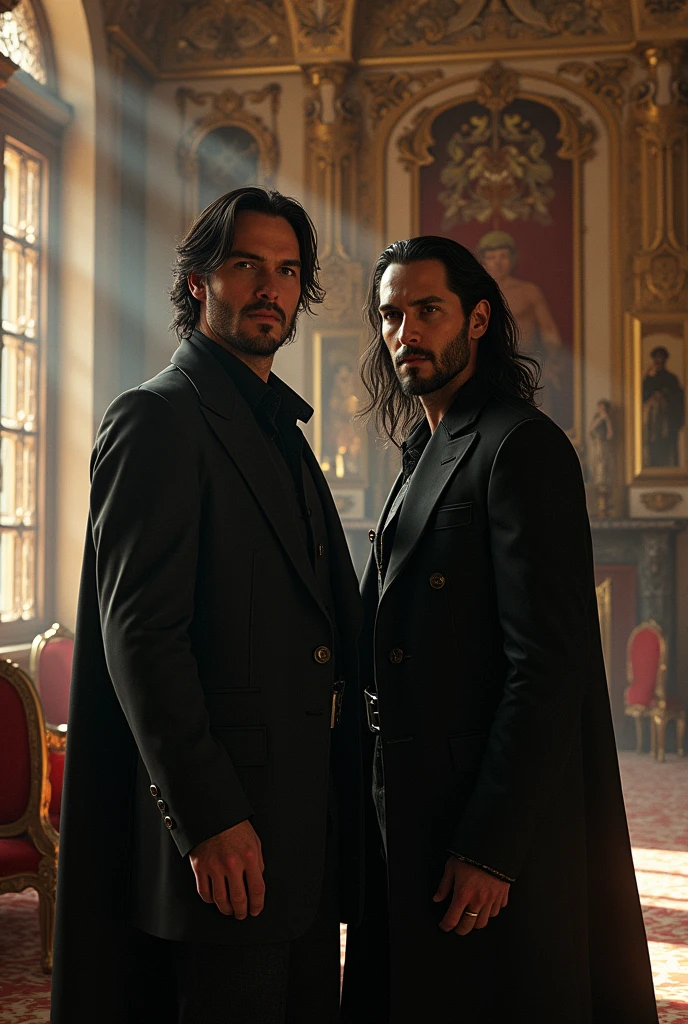 very photorealistic scene of the fictional character lucifer morningstar accompanied by the fictional character constantine in the manner of keanu in a baroque interior